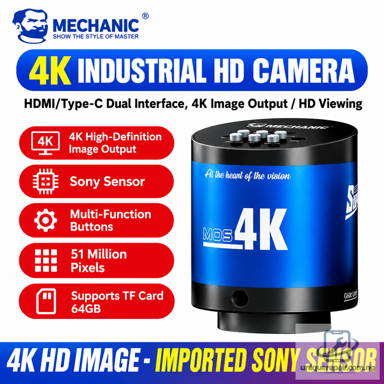 MECHANIC MOS 4K Ultra HD Industrial Microscope Camera – 51MP Sony Sensor, HDMI/Type-C Output, 64GB TF Card Support
